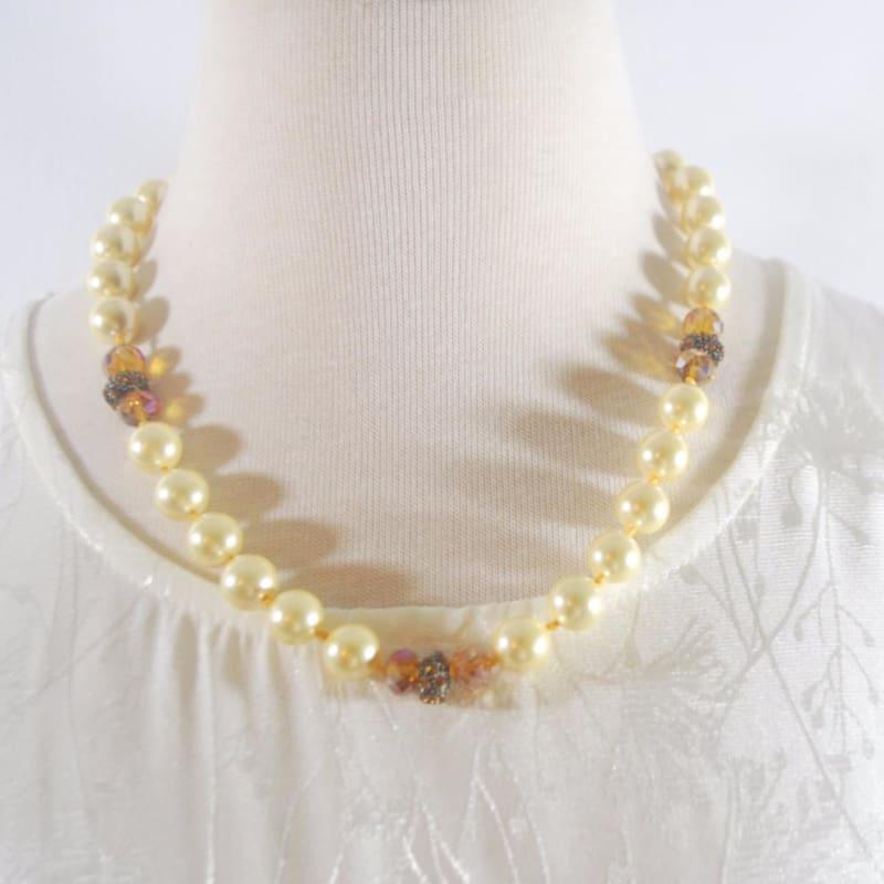 Yellow Shell Pearls with Copper Rhinestone Accent Necklace - Handmade