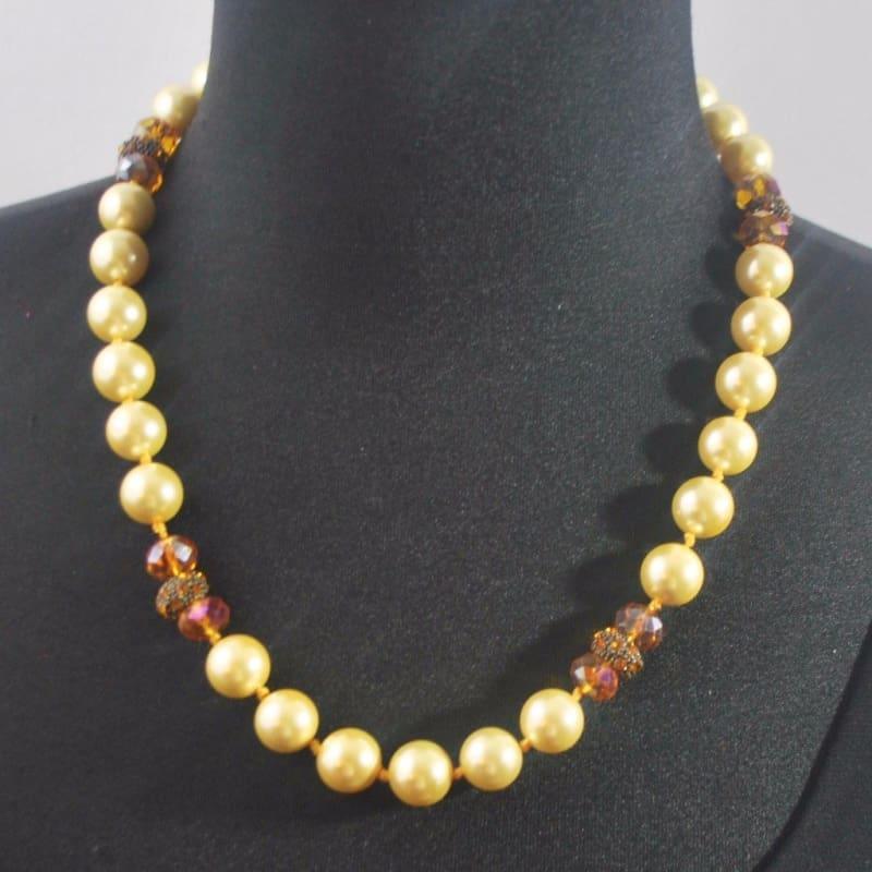 Yellow Shell Pearls with Copper Rhinestone Accent Necklace - Handmade