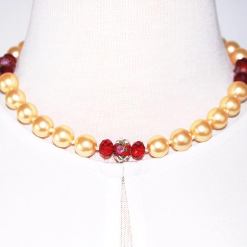 Yellow Shell Pearls With Red Crystal Ascent Necklace - Handmade