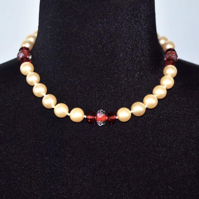 Yellow Shell Pearls With Red Crystal Ascent Necklace - Handmade