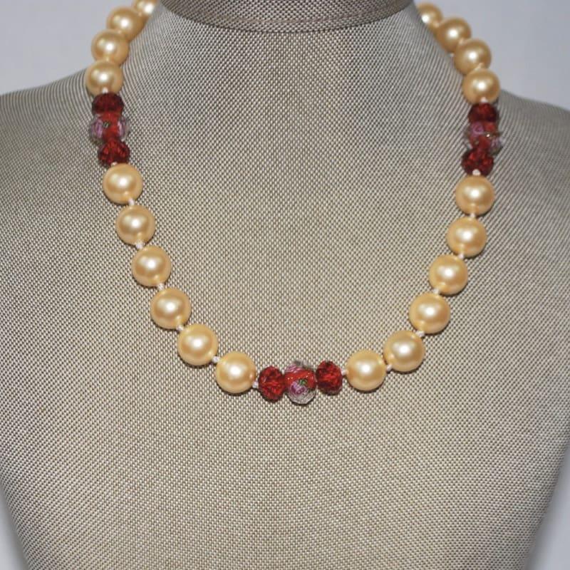 Yellow Shell Pearls With Red Crystal Ascent Necklace - Handmade