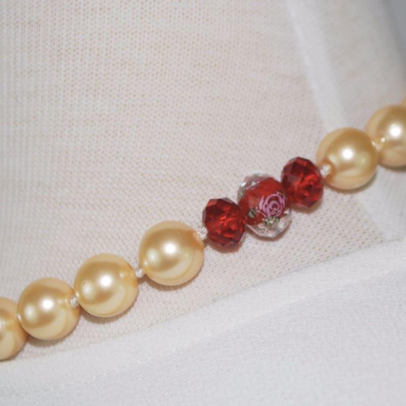 Yellow Shell Pearls With Red Crystal Ascent Necklace - Handmade