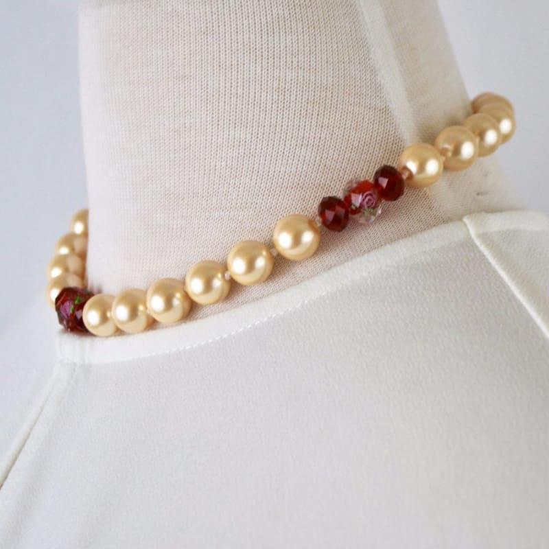 Yellow Shell Pearls With Red Crystal Ascent Necklace - Handmade