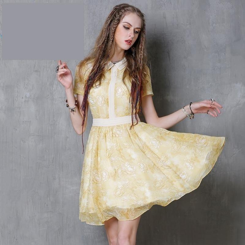 Yellow Short Sleeve Peter Pan Collar Floral Print Dress - TeresaCollections