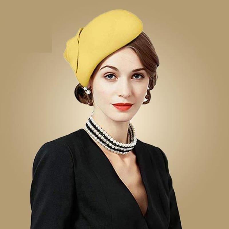 Yellow Wool Felt Vintage Cocktail Fashion Pillbox Hat - YELLOW - hats