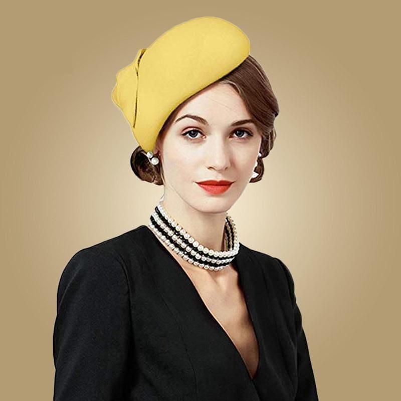 Yellow Wool Felt Vintage Cocktail Fashion Pillbox Hat - hats