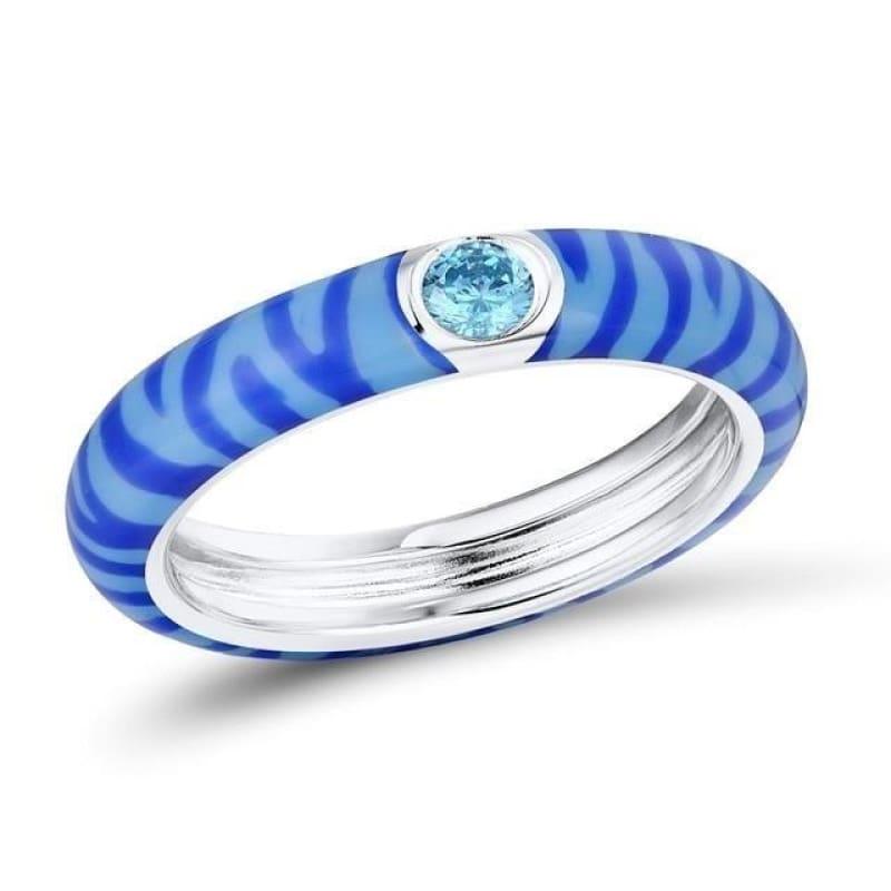 Zebra Stripe Eternity 925 Sterling Silver Party Fashion Jewelry Enamel Handmade Ring - 6 / Blue Color - Rings
