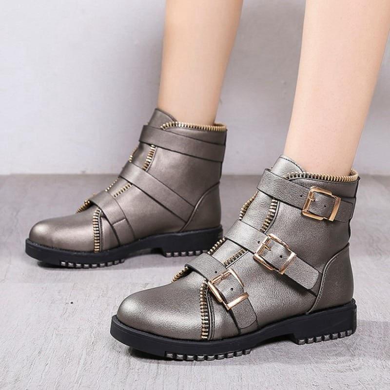 Zipper Biker Ankle Boots - Gray / 4 - Booties