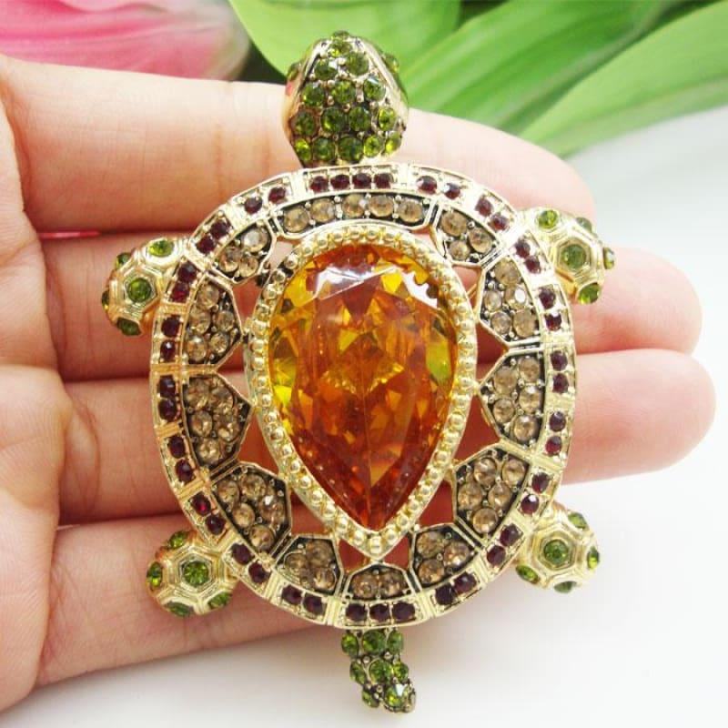 Zircon Crystal Luxury Vintage Turtle Animal Pendant Brooch Pin Brown Tortoise - Brooch